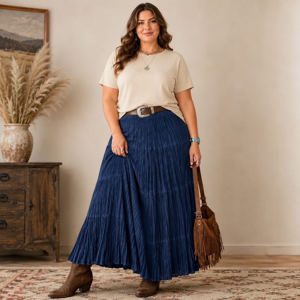 VTG Longhorn by Niver Western Wear Tiered Maxi Skirt XL Navy Cowgirl USA Made